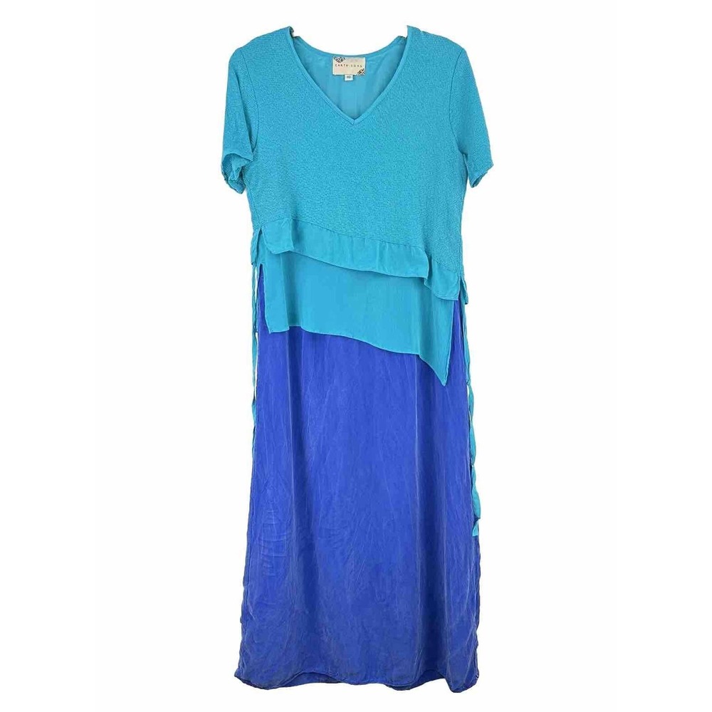 Earth Song Aqua & Blue SILK Bemberg Asymmetric Layered V-Neck Cruise Dress‎ 10